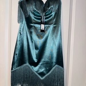 Teal Fringe Satin Dress